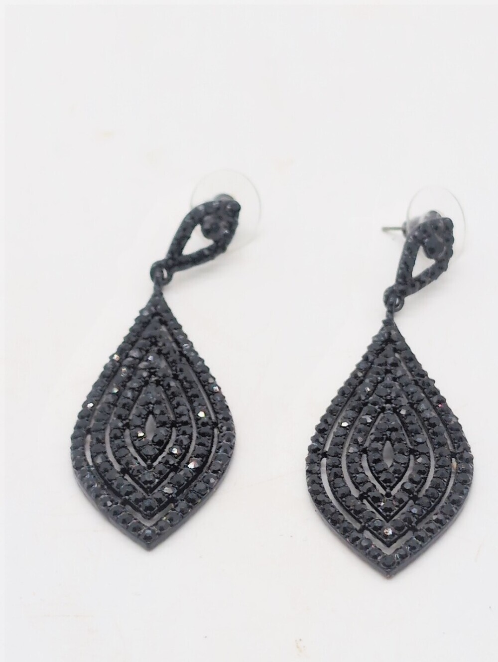 Black Pave Teardrop Dangle Earrings - Unbranded 70mm
